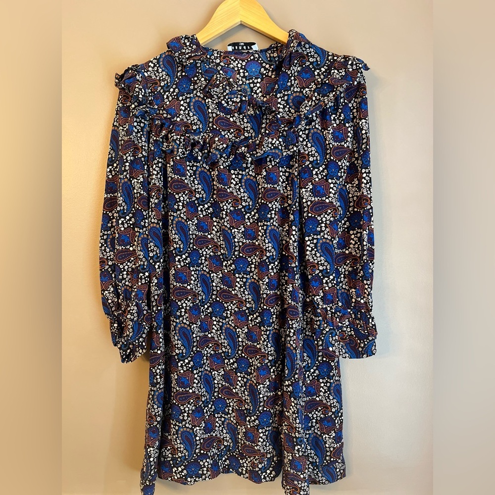 Sandro Paris Paisley Silk Shift Dress Mini Short Ruffle Blue Black Size 1 Small - Picture 2 of 7